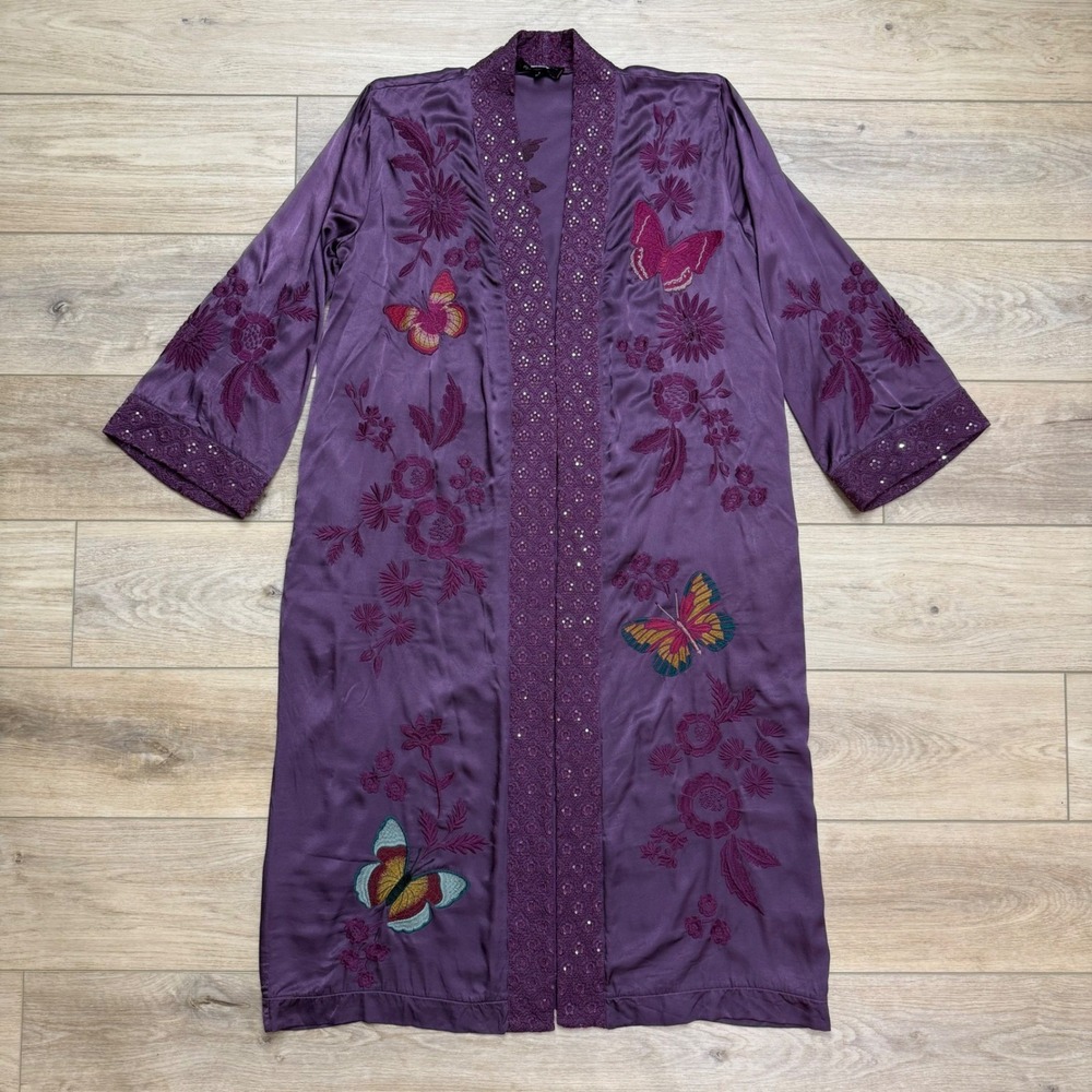 JOHNNY WAS Nova Kimono Jacket Purple Butterfly Embroidered Silk Duster  ‎ Small